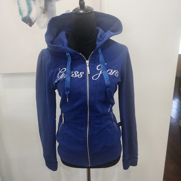[ Guess Jeans]Royal blue,CUTEST, ZIP UP, HOODED JACKET W/ LACE TIES & RHINESTONE - Picture 2 of 16
